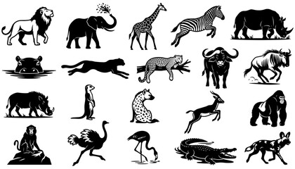 Fototapeta premium African Animal Silhouettes Set with Diverse Wildlife Illustrations and Safari