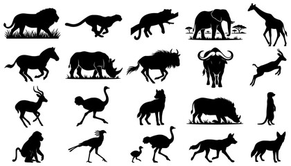 Obraz premium African Animal Silhouettes Set with Savanna Grass and Wildlife Icons