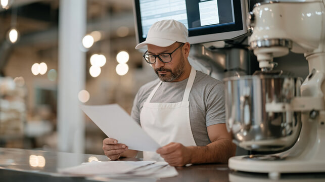 An ice cream production technician reads equipment operation manual beside a vintage industrial mixer, a modern touchscreen display mounted directly above the old machinery, warm
