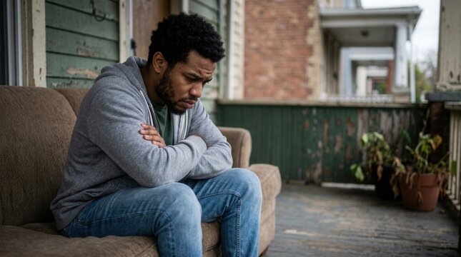 Man Sitting Alone On A Porch Looking Thoughtful And Sad