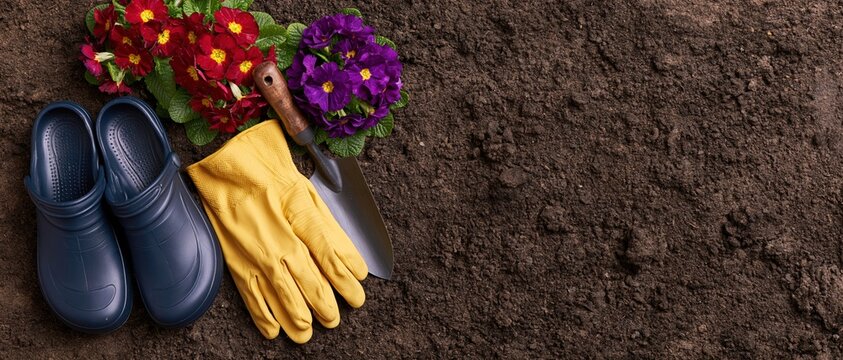 Gardening tools and colorful primroses arranged on dark soil with copyspace
