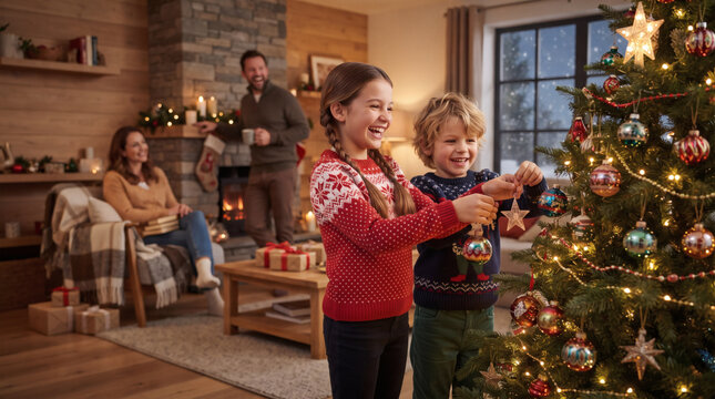 Ni&ntilde;os peque&ntilde;os sonrientes cuelgan adornos en un &aacute;rbol de Navidad muy iluminado dentro de una acogedora sala de estar, mientras sus padres observan felices desde el fondo, cerca de una chimenea.
