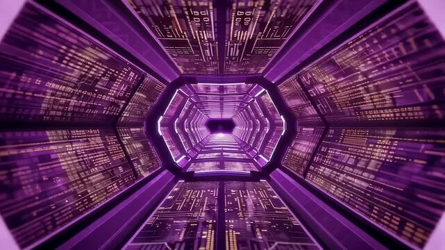 Purple High-Tech Tunnel with Glowing Digital Elements