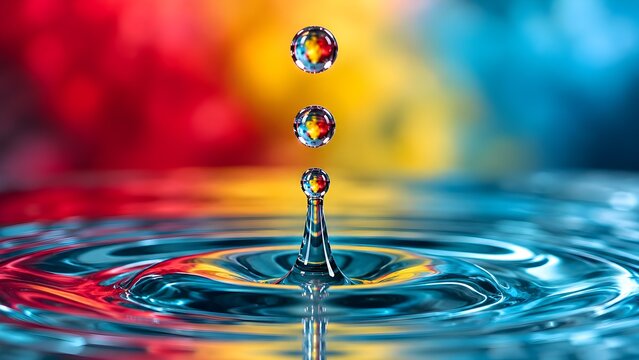 Macro shot of water drops falling into vibrant colorful water creating concentric ripples and reflection with bright abstract background