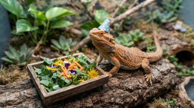 A bearded dragon lizard wearing a tiny party hat standing in a terrarium next to a bowl of fresh foo