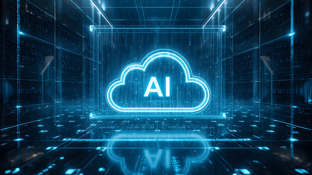 Cloud and edge computing technology data transfer concept. A large cloud icon is in the center, Ai Brain Cloud Big data, network, Science and futuristic ai cloud background concept.