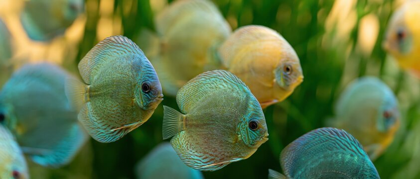 Group of discus fish swimming in a freshwater aquarium with green aquatic plants