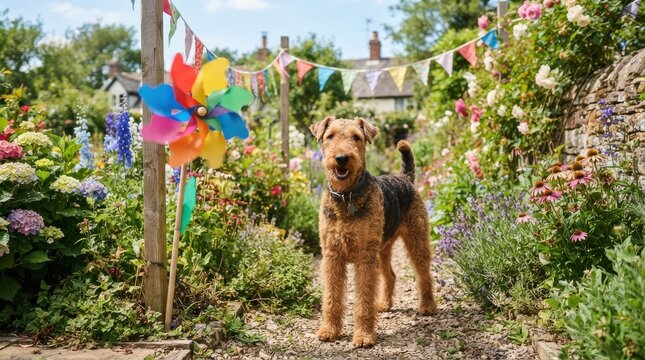 A happy Airedale Terrier dog standing in a colorful garden with pinwheel and bunting