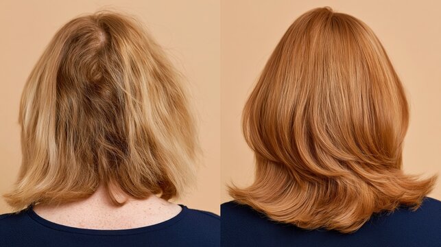 Back view of a woman&rsquo;s hair before and after salon treatment showing transformation from frizzy to smooth and shiny