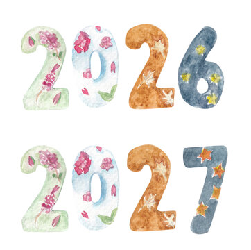hand drawn sketch style watercolor illustration style text of 2026 and 2027