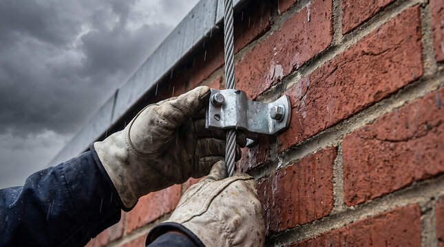 Gloved Hands Inspecting a Grounded Lightning Rod Cable Bracket Bolted to a Brick Wall Under Stormy Rainy Sky for Building Safety
