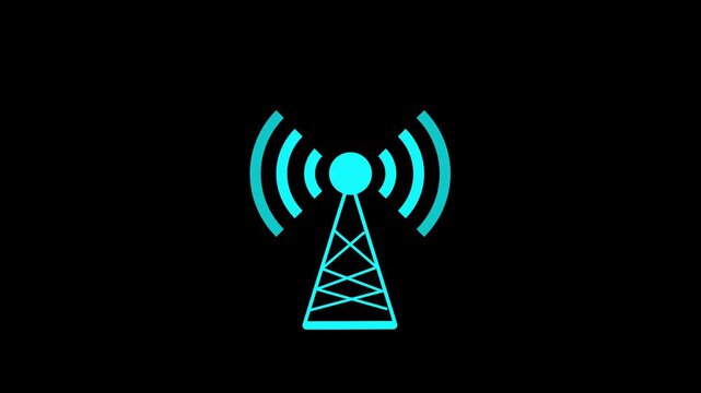 Blue wireless signal tower icon with expanding radio waves on black background seamless technology animation. Animation of 4k video.