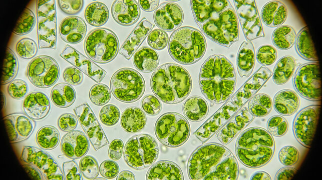 Microscopic algae cells tightly filling the frame, distinct cell walls and bright chloroplasts, natural green tones, realistic laboratory microscopy. Close-up.
