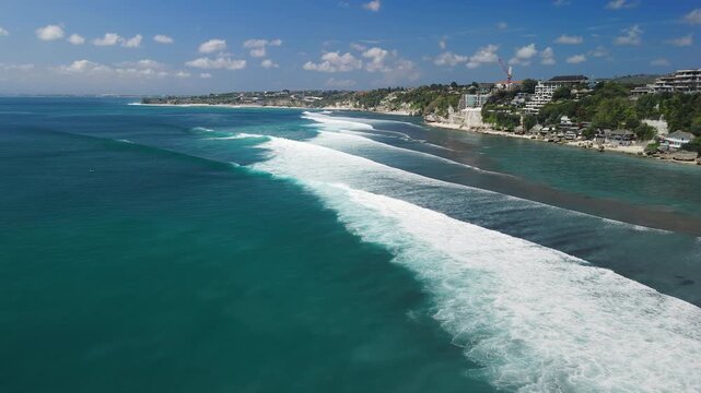Aerial view of ocean landscape with waves in ocean. Surfing and waves