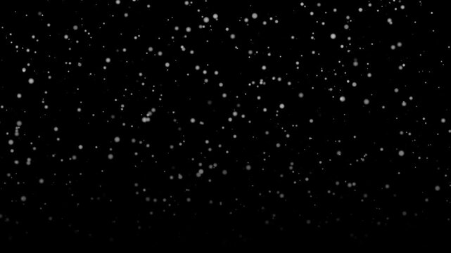 Falling snow moves over black background in minimalist winter style. Snowflakes scatter downward through dark empty space, giving cold atmospheric motion and simple seasonal look as particles descend.