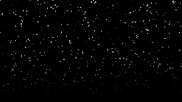 Snow falls across black background for winter background effect. Snow particles drift steadily in layered motion, creating clean seasonal texture for overlays, titles, and atmospheric designs.