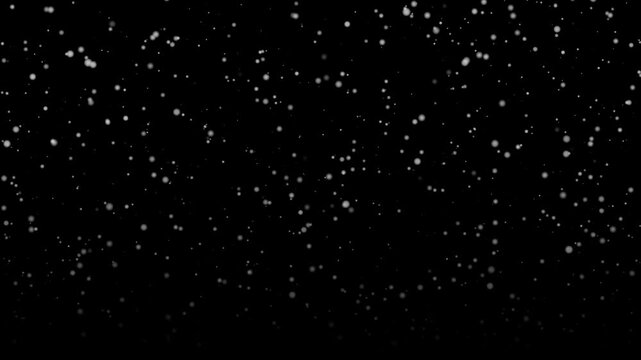 Snow particles drift over black backdrop with steady motion. White flakes spread across layered bands, giving particle drift texture suited for winter graphics, titles, and atmospheric backgrounds.
