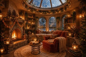 Obraz premium Cozy rustic winter living room with fireplace and snowy woodland view