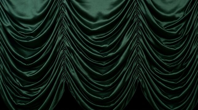 Elegant Dark Green Satin Curtain Backdrop with Luxury Pleated Fabric Swag for Theater Stage and Gala Event Background
