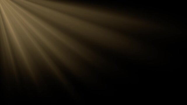 Radiant light rays sweep over black background with warm golden tone. Sunbeams widen and soften over time, producing tranquil abstract visual suited to elegant presentation design.