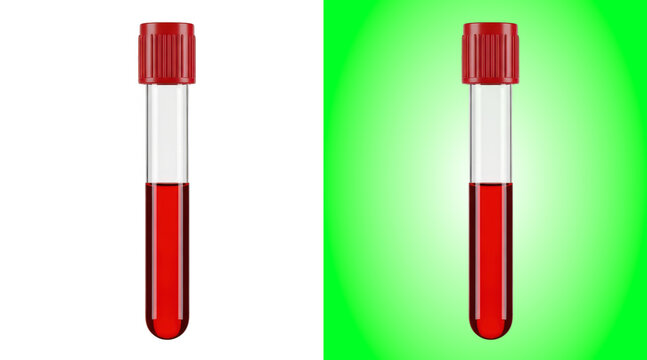 Two blood sample test tubes with red caps on green background