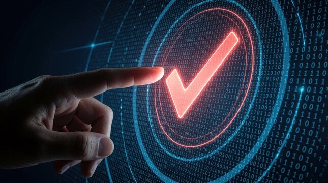 Human finger touches glowing red check mark icon on digital interface. Cyber security concept with binary code background. User performs data input validation authentication in high tech software