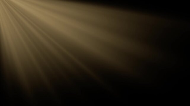 Spotlight rays fill dark space. Soft amber shafts widen and overlap as they angle downward, forming quiet dramatic lighting effect with smooth movement and intense contrast in abstract pattern.