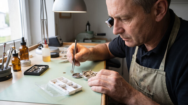 Watch repair worker in eyeglass loupe restores vintage mechanical watch movement using tweezers at workshop. Concept of mechanical case, watchmaker, horology, watchmaking.