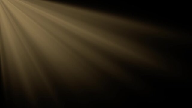 Warm light rays drift over dark backdrop, producing atmospheric glow. Soft diagonal beams move slowly across empty space and create calm, moody visual effect with elegant cinematic lighting.