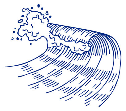 Ocean wave ink drawing. Storm blue splash