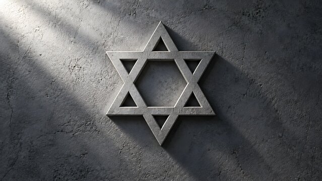 Stone Star of David symbol on a dark textured background with dramatic morning light shining down, representing Jewish heritage and faith