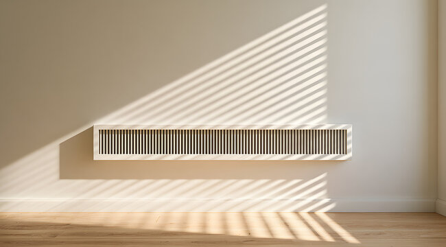 Contemporary white steel ventilation grille installed on the wall in a sleek room. This indoor air vent dispenses fresh air, eradicating heat and smells. Sunshine casts shadows on the adjacent pale wa