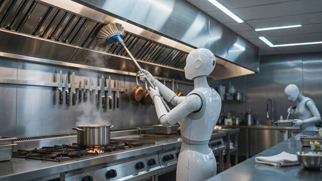 Humanoid robot cleaning a kitchen hood with a brush while another robot cooks at a stove nearby