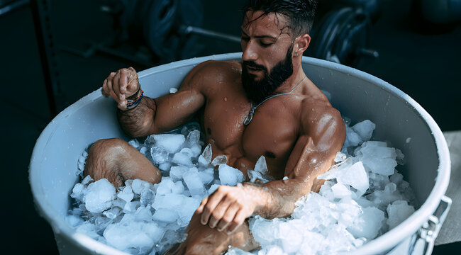 A muscular male athlete is seated in an ice-filled tub in the gym, where the ice is in cube form for the purpose of muscle recovery and cold water therapy
