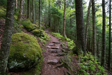 Fototapeta premium The Forest Trail Through Mossy Rocks and Tall Pines at Dusk