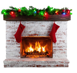 Obraz premium PNG Festive Christmas fireplace with glowing garland and stockings