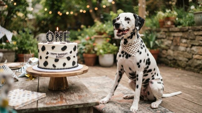 Dalmatian dog sitting beside birthday cake with "ONE" candle on wooden deck