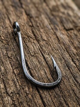 A single, large metallic fishing hook with a sharp point, barb, and eyelet is photographed close up resting on textured weathered wood, shiny, eyelet, large