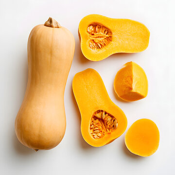 Butternut squash, both whole and sliced, on a white background.
