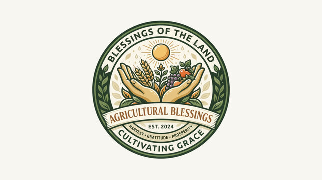 Agricultural Blessings Logo: Hands Holding Harvest, Sun, Grapes, Wheat, Fruits