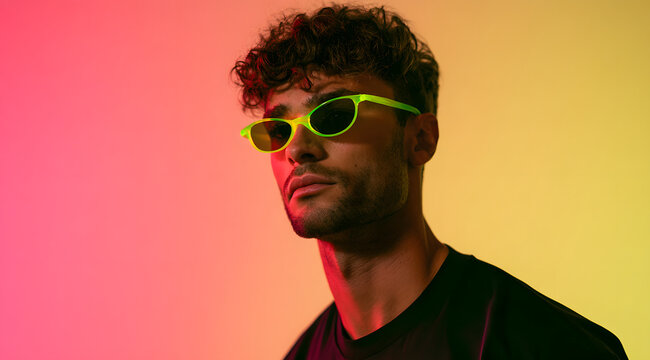 A young guy wearing neon green shades stands against a vivid gradient backdrop of pink and yellow. He sports wavy hair and a hint of stubble, gazing confidently to the side. This is a contemporary sty