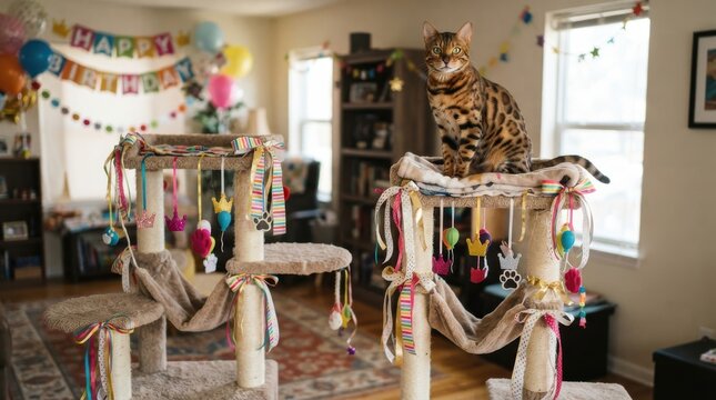 Bengal cat perched on decorated cat tree in birthday party room with balloons and banner