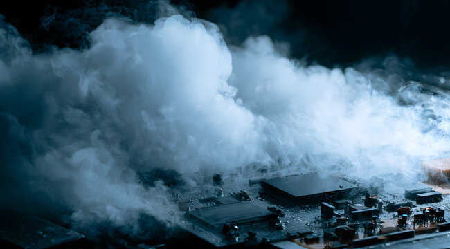 Electronic circuit boards are subjected to a thermal shock test in a laboratory chamber. White smoke and swirling vapor surround the hardware components as temperatures fluctuate greatly. Engineers ov