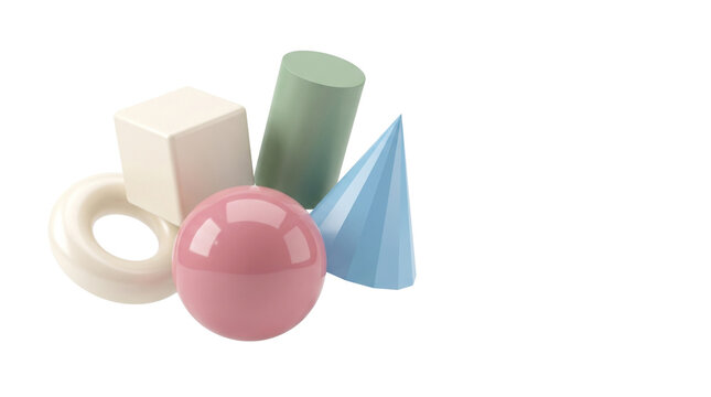 Minimalist 3D geometric shapes in pastel colors, collection of glossy primitive objects, abstract composition of sphere cube cone and cylinder isolated PNG with Transparent Background