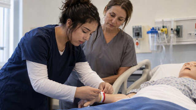 Nursing instructor observes student practicing patient band placement on medical mannequin in simulation lab. Concept of clinical skills, medical training, nursing education.