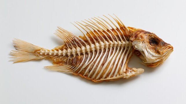 The Skeletal Fish on White Background Revealing Underlying Anatomy and Texture