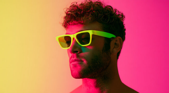 A young guy wearing neon green shades stands against a lively gradient backdrop of pink and yellow. He boasts curly locks and a slight beard, gazing confidently at an angle. It's a contemporary style 