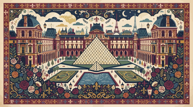 Artistic illustration of the Louvre Museum and pyramid in Paris with floral border