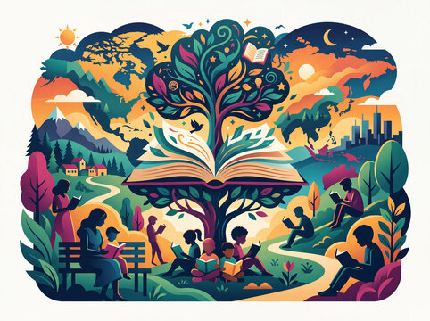 Colorful Concept Illustration of International Literacy Day with People Reading Under a Knowledge Tree