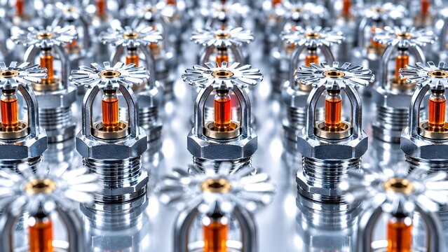 Rows of shiny chrome and brass fire sprinkler heads neatly arranged for installation in a modern commercial building safety system